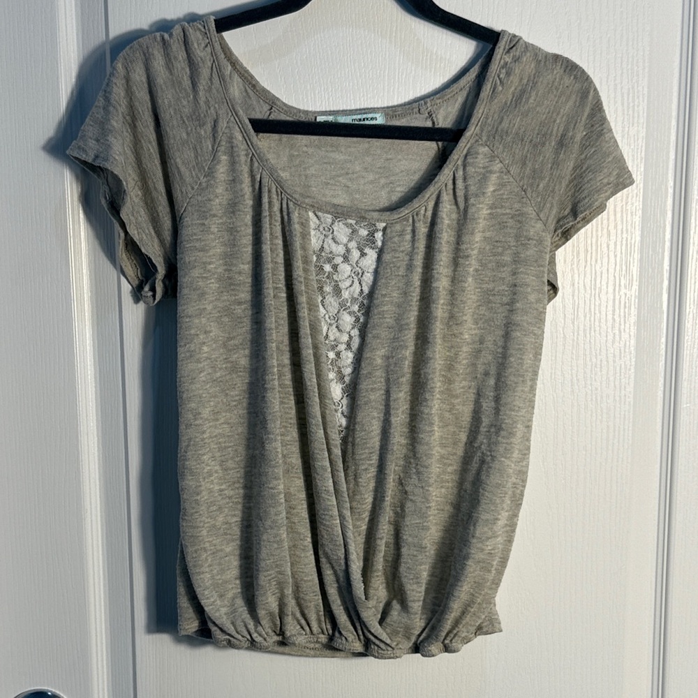 Maurices Heather Gray Lace-Front Short Sleeve Top